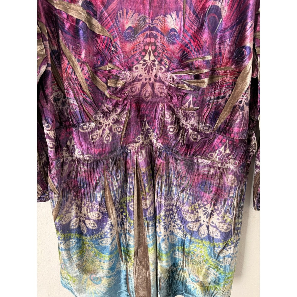 Womens Boho Babydoll Peacock Feather Print Tunic Top XL Long Ethereal Fairycore - Picture 3 of 7
